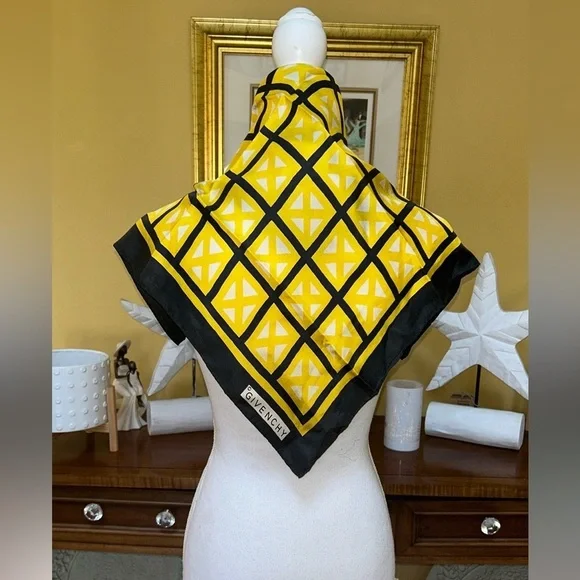 Vtg Givenchy Authentic 100% Silk Bright Yellow & Black Square Print Scarf
